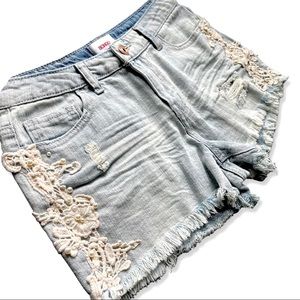 BONGO  Distressed Denim High Waist Raw Hem Shorts with Lace and Pearl Accent 7